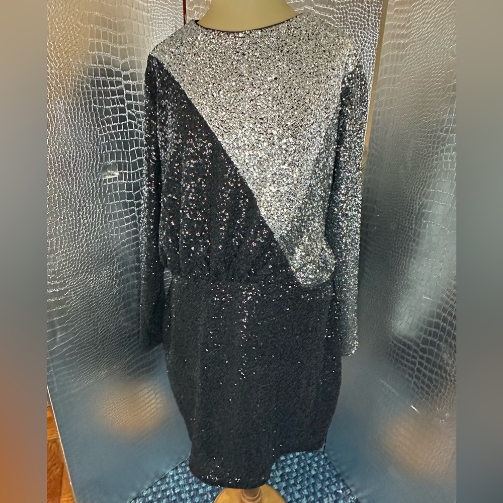 Express Fun Sparkly Glamorous Silver Black Glittery Slouch Dress Size Large